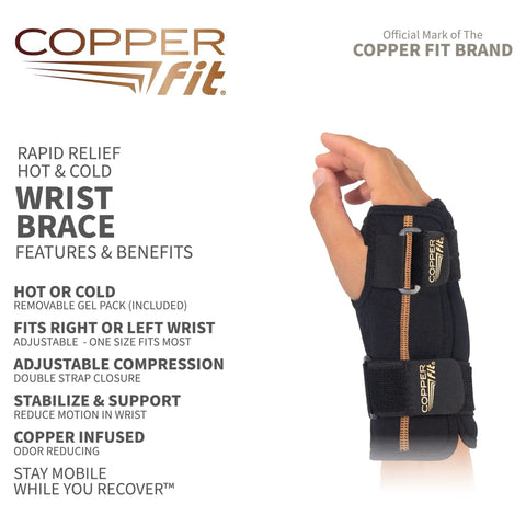 Hand wearing unisex fingerless wrist wrap with ice pack and heat therapy, adjustable compression support, black