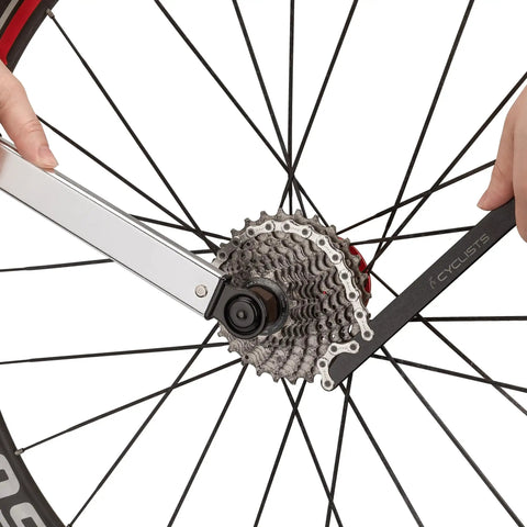 Two In One Chain Whip And Lockring Tool For Cassettes in use on bicycle wheel with Shimano HG and SRAM compatible gears