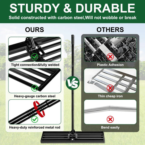 Comparison of Heavy Duty Folding Lawn Leveling Rake 30x10 with carbon steel vs others with thin iron and plastic adhesion
