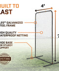 Baseball Net For Batting Cage 7 By 4 Feet Pitching Screen with galvanized steel frame and waterproof netting on grass field.