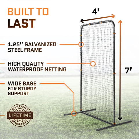 Baseball Net For Batting Cage 7 By 4 Feet Pitching Screen with galvanized steel frame and waterproof netting on grass field.