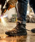 Steel Toe Work Boots For Men Built Tough Waterproof Slip-Resistant Wide-Toe Safety Shoes With EH Protection Zero Drop on welder's feet.