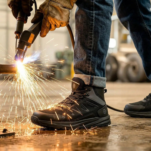 Steel Toe Work Boots For Men Built Tough Waterproof Slip-Resistant Wide-Toe Safety Shoes With EH Protection Zero Drop on welder's feet.