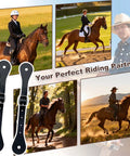Genuine Leather Spur Straps 2 Pack for Men and Women shown with horse riders in various settings, featuring quick release aluminum buckles.