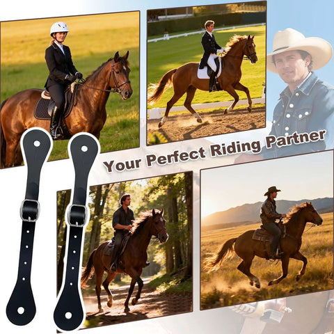 Genuine Leather Spur Straps 2 Pack for Men and Women shown with horse riders in various settings, featuring quick release aluminum buckles.