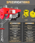 Front view: YATOINTO wireless electric hoist, red unit with yellow lifting straps and hook.