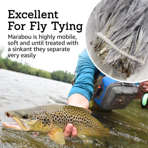 Go To Marabou Feathers For Fly Tying Bundle; angler holding fish; soft natural marabou for tail and wing.