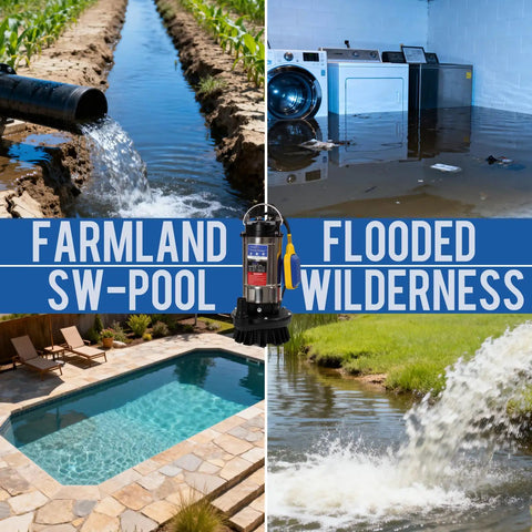 Beastly 1.6HP Submersible Sump Pump With Automatic Float Switch, High Flow 5500 GPH used in farmland, basement, pool, wilderness.