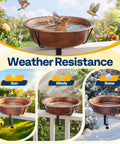 Top Shelf Deck Mounted Bird Bath Featuring Adjustable Heavy Duty Metal Clamp And All Weather Resistant Retro Bronze Finish Durable Plastic Basin Safe For Backyard Or Garden Use with birds bathing in it.