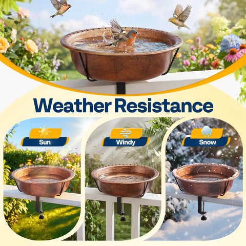 Top Shelf Deck Mounted Bird Bath Featuring Adjustable Heavy Duty Metal Clamp And All Weather Resistant Retro Bronze Finish Durable Plastic Basin Safe For Backyard Or Garden Use with birds bathing in it.