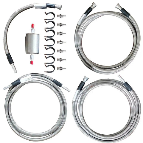 Straight Shot Stainless Steel Braided Fuel Line Quick Fix Kit For 1999 To 2003 Chevy Silverado GMC Sierra V8 with hoses and filter.