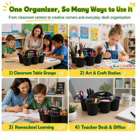 Six Pack Black Classroom Caddies With Handles For Desk Organization, 6 Compartment Supply Organizer Perfect For Teachers, Students