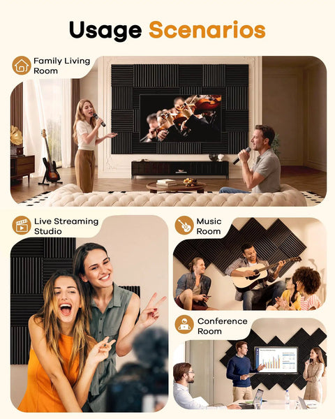No Sweat Peel And Stick Acoustic Foam Panels 48 Pack Self Adhesive Sound Proofing Wedges One Inch Thick Triangle Wall Tiles in a living room and studio setup.