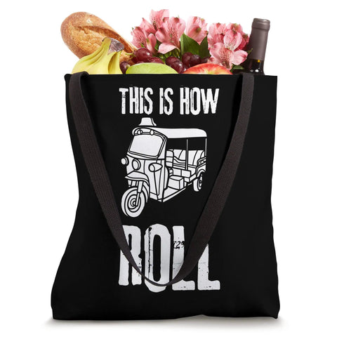Tuk Tuk Rickshaw And Scooter Style Canvas Tote Bag Featuring Fresh American Streetwear Vibes, filled with groceries and flowers.