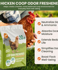 Person holding All Natural Chicken Coop Odor Eliminator And Moisture Absorber 20 lb bag near chicken, outdoors with grass background.