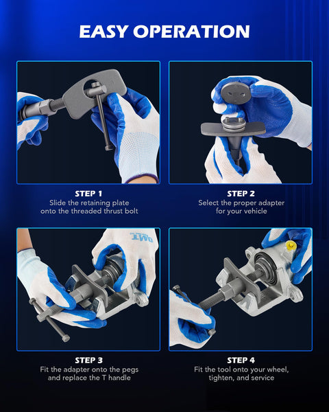 Orion Motor Tech 24pc brake caliper compression tool set with blue case; four-step brake piston assembly diagrams.