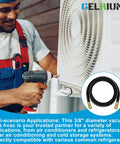 3/8-inch HVAC vacuum hose, 5 ft, heavy-duty with brass fittings, installed on an outdoor AC unit.