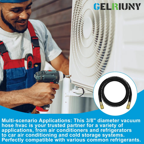 3/8-inch HVAC vacuum hose, 5 ft, heavy-duty with brass fittings, installed on an outdoor AC unit.