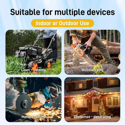 Image illustrating various uses of a heavy-duty extension cord for lawn mowing, woodworking, metal cutting, and Christmas decorating.