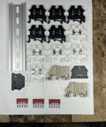 UL Listed AC DIN Rail Terminal Block Kit With Ground Blocks, Jumpers, And End Covers, 20A 600V components displayed.