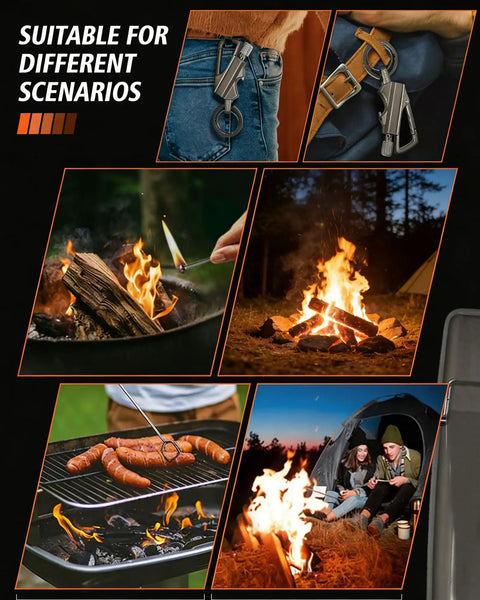 Infinity Lighter 3 in 1 Multitool Keychain Fire Starter Bottle Opener Waterproof Metal Flint shown in various outdoor scenes