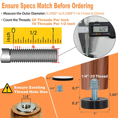 Diagram showing measurements for Twenty Four Pack 1/4-20 Thread Leveling Feet With Separate Self Adhesive Felt Pads One Inch Adjustable Furniture Levelers