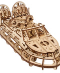 Rescue Hovercraft DIY Kit For Adults, 3D Wooden Puzzle Ship, Premium Wood Boat Kit To Build At Home With An Intricate Design And Spring Motor, Ideal Hobby Kit For Builders And Collectors. Angled front view of assembled wooden hovercraft model