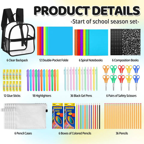 All In One Back To School Supplies Kit With 6 Clear Backpacks And 150 Pieces Including Notebooks Pencils Folders Glue Scissors