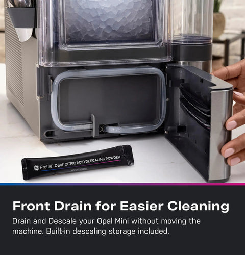 No Cap Portable Nugget Ice Maker Countertop Machine Produces Chewy Pebble Ice Built To Hit Different showing front drain for cleaning.