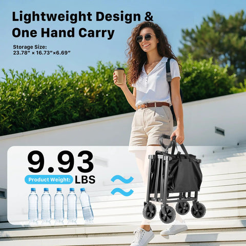 Heavy Duty Collapsible Wagon Cart With 29.3 Inch Body 150L Capacity And 260 Lb Load Beastly Rolling Cart carried by woman outdoors