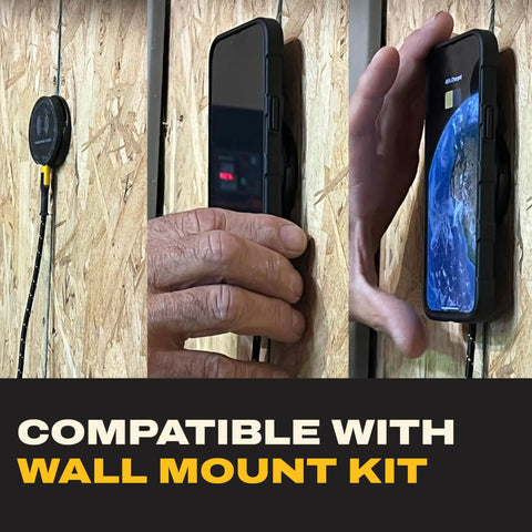 Magnetic Car Phone Mount With Wireless MagSafe Charger Vent Mount And Dash Mount Heavy Duty Car Accessory For iPhone 17 16 15 14 One Hand Use Secure Grip For Safe Hands Free Driving mounted on wall showing hands attaching phone.