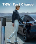 Plug And Play Level 2 Tesla Charger 32 Amp Portable Ev Charging Station With 20 Ft Cable 240V Nema 14-50 Home Setup. Woman charging Tesla.
