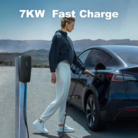 Plug And Play Level 2 Tesla Charger 32 Amp Portable Ev Charging Station With 20 Ft Cable 240V Nema 14-50 Home Setup. Woman charging Tesla.