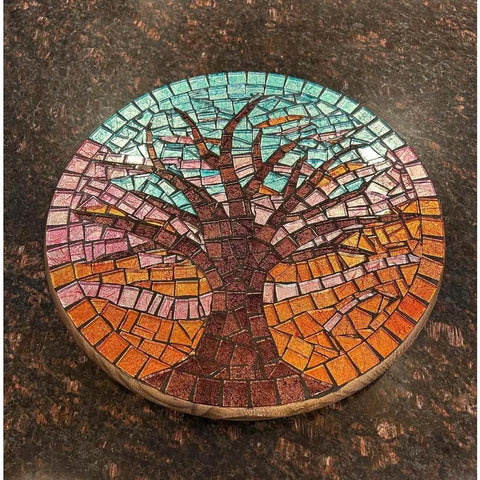 Fifteen Inch Mosaic Tree Of Life Lazy Susan Handcrafted Glass Art Rotating Tray For Kitchen Countertop Dining Table And Bathroom Skincare Organizer 360 Degree Spin displaying vibrant colors