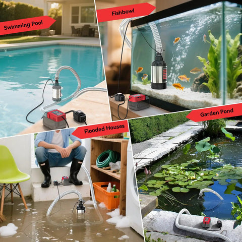 Kick Water Out Fast Heavy Duty Cordless Submersible Water Pump Dropping 1268 Gph in use across pool, pond, and flooded areas.