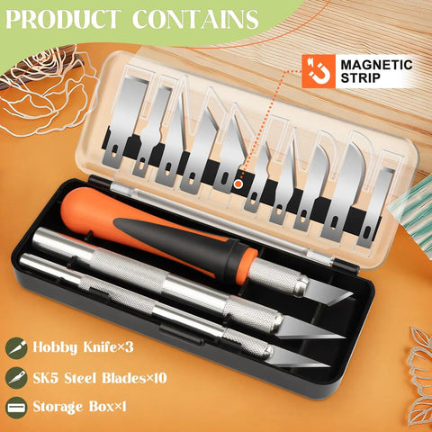 Exacto Knife Set With 16 Pieces Including Three Craft Knives And Thirteen SK5 Steel Blades In Storage Box