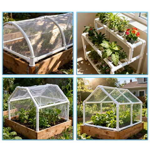 DIY greenhouse and shelving using 3/4 Inch PVC Pipe 16 Inch Length Industrial Grade White SCH40 Tubing for home projects.