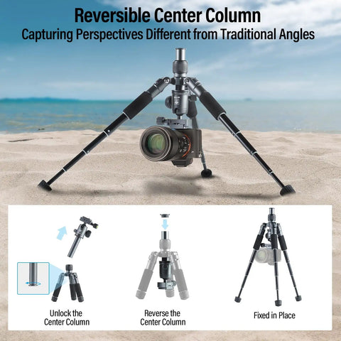 Compact Mini Desktop Tripod For DSLR, Mirrorless Camera, Phone And Action Cam With 360 Degree Ball Head on beach