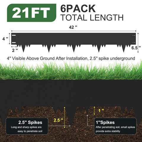 Diagram of Heavy Duty Galvanized Steel Landscape Edging Border Kit With 6 Panels And Stakes, showing spikes length and installation.