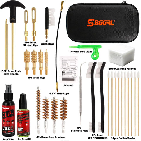 80 Piece Gun Cleaning Kit For Handguns Rifles Calibers.22.357.38 9mm.40.45 With Bronze Bore Brushes Brass Jags CLP Spray