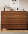 Mid Century Modern Dresser Boasting Eight Spacious Drawers And A Rich Walnut Finish Resting On Robust Wood Legs, front view.