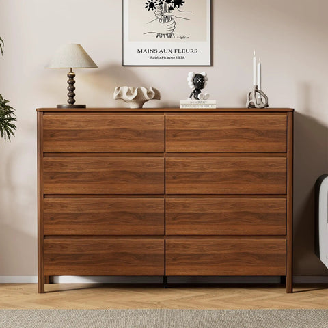 Mid Century Modern Dresser Boasting Eight Spacious Drawers And A Rich Walnut Finish Resting On Robust Wood Legs, front view.