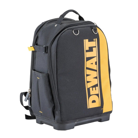 Massive 40 Liter Tool Backpack Built Tough As Nails For Contractors with black and yellow design, padded straps, and zippered compartments.