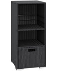 Rattan Outdoor Storage Cabinet With Towel Rack And Drawer, Dual Shelves For Pool Towels And Garden Tools, Weatherproof Backyard Patio Deck Organizer, Lockable Design, Black
