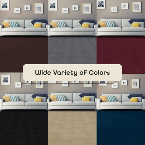 Peel And Stick Carpet Tiles 12x12 Inch Tan 12 Pack Self Adhesive Flooring shown in a variety of colors under a beige sofa.