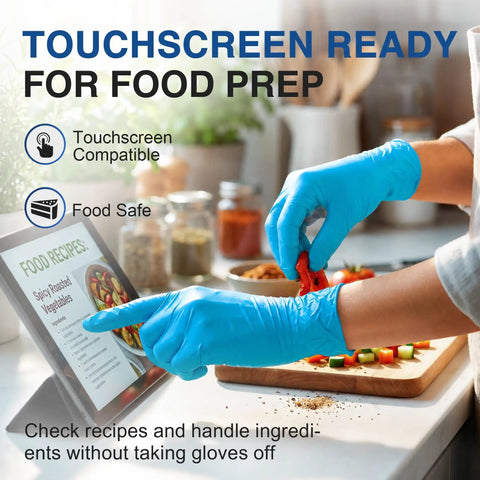 Person using Blue Nitrile Exam Gloves Workhorse For Medical, Food Prep, Cooking And Cleaning Tasks, Disposable Latex Free Powder Free, Medium Size while preparing food and using tablet.