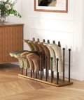 8 Pair Boot Rack And Shoe Organizer Tall Free Standing Stand with wood base and metal frame storing boots in hallway