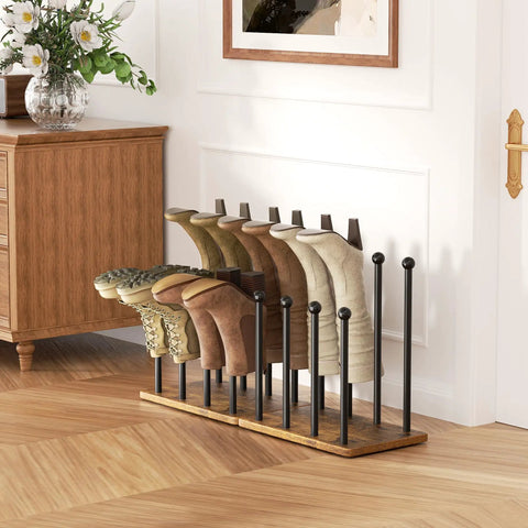8 Pair Boot Rack And Shoe Organizer Tall Free Standing Stand with wood base and metal frame storing boots in hallway