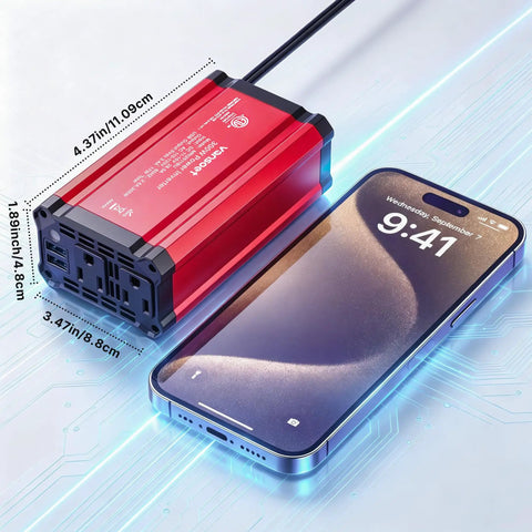Heavy Duty 300 Watt Car Power Inverter, Plug And Play Dc 12v To 110v Ac Conversion With Dual Usb Fast Charging and US House Plugs, displayed beside a smartphone.