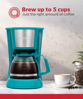 5 Cup Drip Coffee Maker In Teal, Compact Brew Boss For Home Office Or Dorm, Auto Pause And Serve with glass carafe and coffee cup